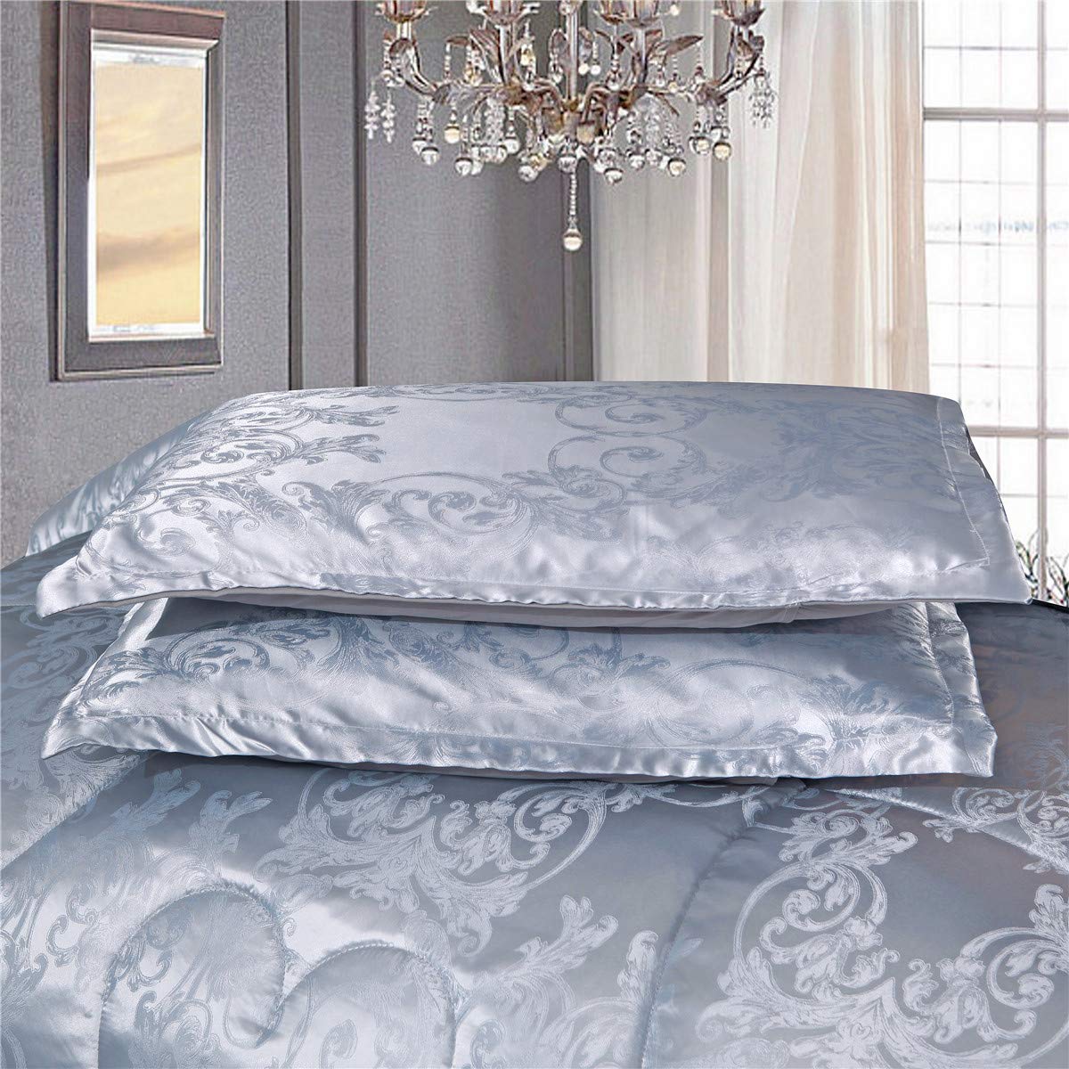 Raytrue-X Grey Queen Size Comforter Sets All Season Silver Bedding Lightweight Comforter for Queen Bed Silk Quilt Microfiber Comforter Set Blanket Matching 2 Pillow Shams (Full/Queen, 88x88 inches)