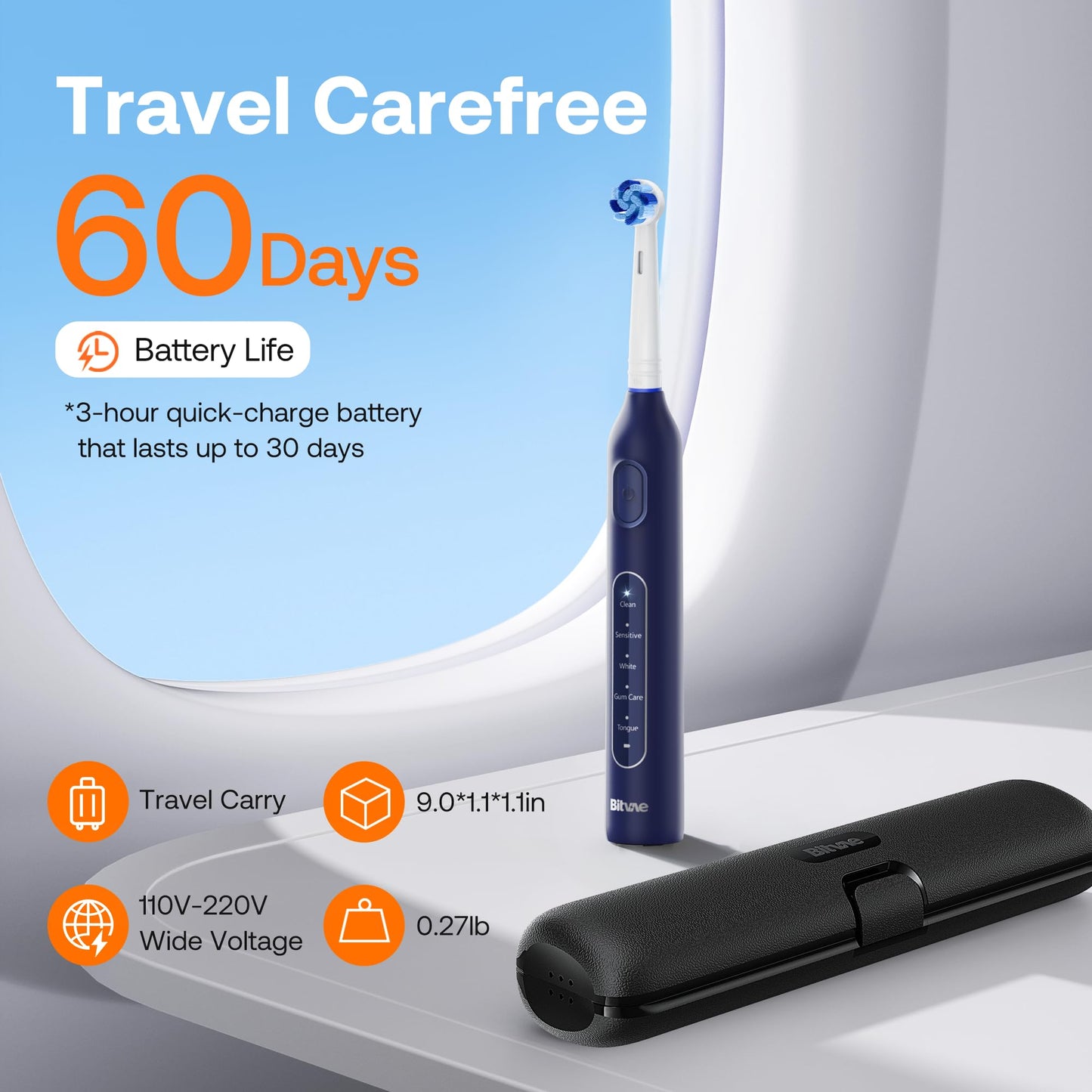 Bitvae Rotating Electric Toothbrush with 8 Brush Heads for Adults and Kids, Travel Case, 5 Modes Rechargeable Power Toothbrush with 2-Minute Smart Timer, 60-Day Battery Life, Dark Blue