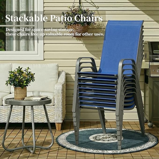 MAMIZO Patio Dining Chairs, Stackable All Weather Teslin Chair, Heavy Duty Outdoor Breathable Chairs Set, w/Armrests, Upgraded Chair FeetW/Strenthened Iron Spacers, 330 LBS (8, Navy Blue)