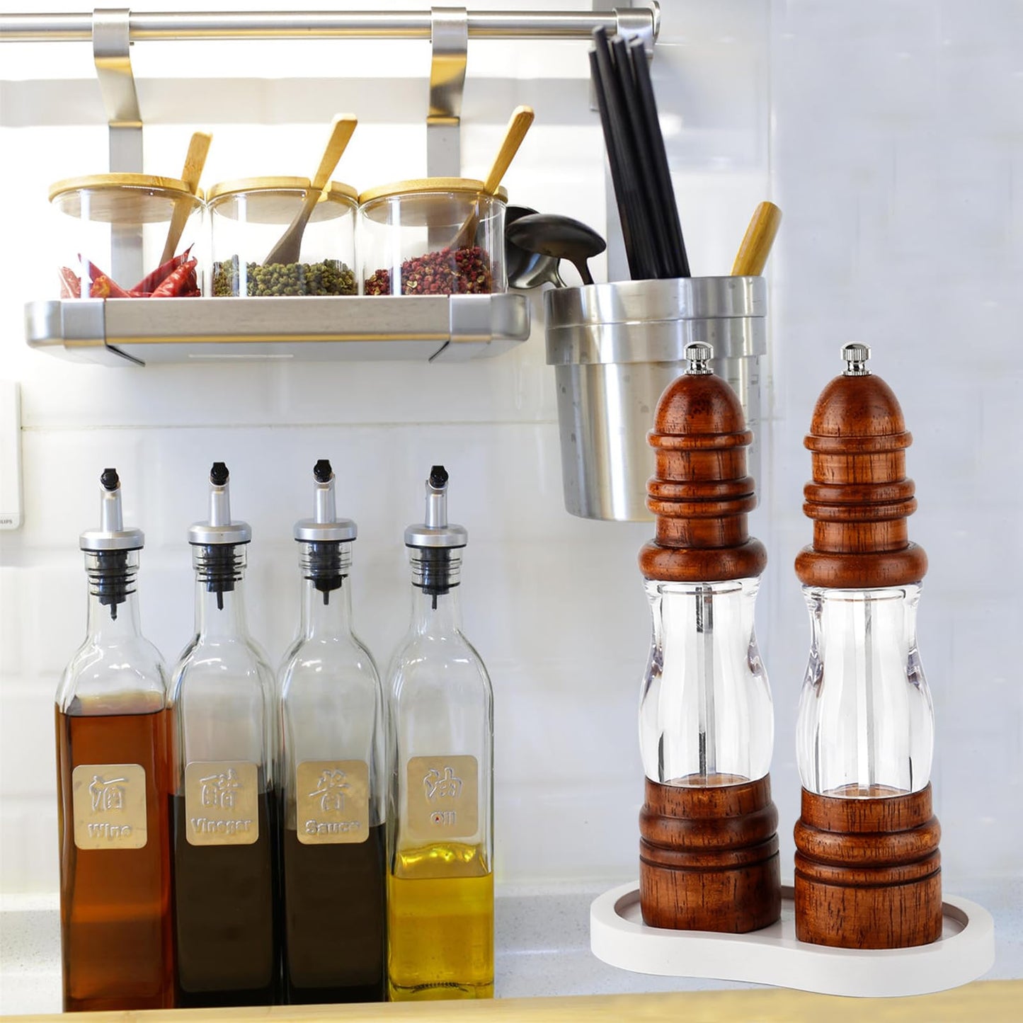 BINHAI Salt and Pepper Wood Mill Tray, White colour Pepper Grinder Rest, Work Surface and Dining Table Protector (Pepper mill not included)