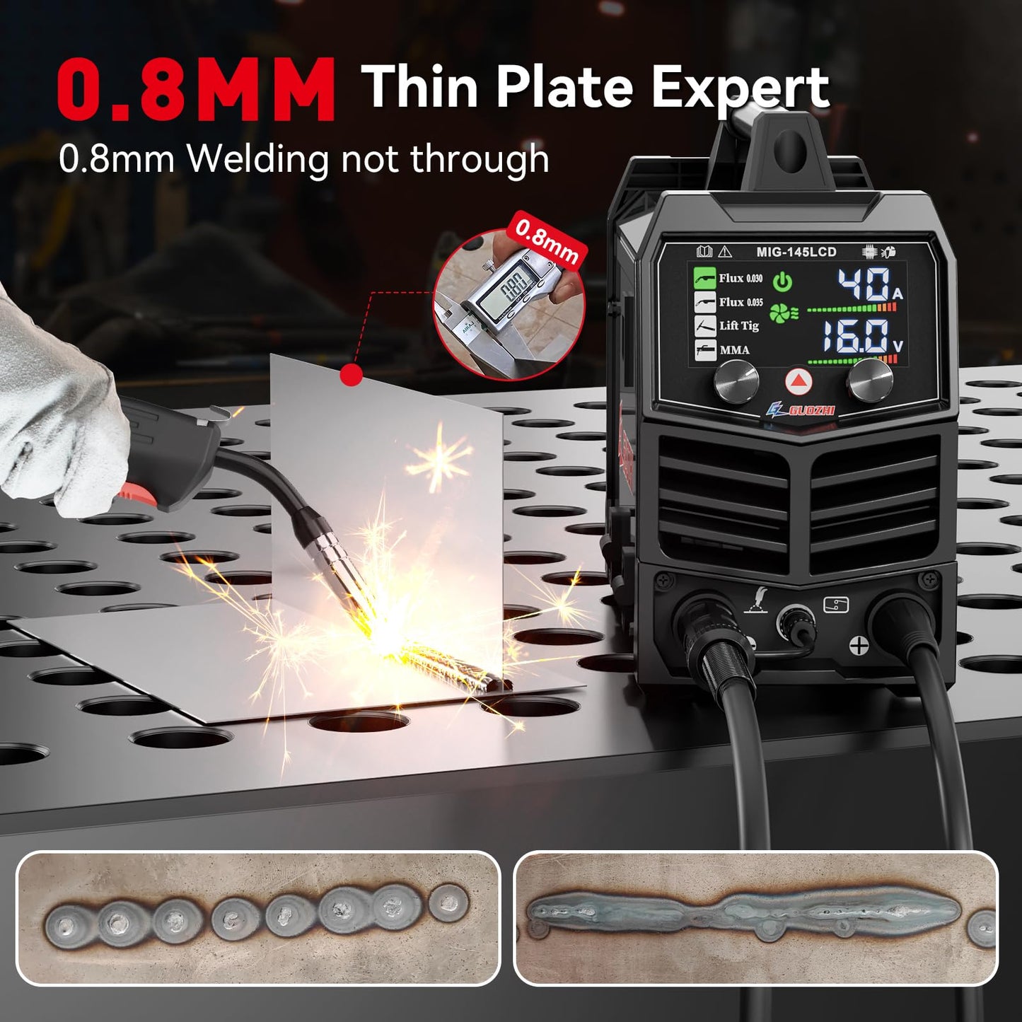 GZ GUOZHI 145A MIG Welder, 3 in 1 Welders FLUX MIG/Lift TIG/ARC Multi-Process IGBT Inverter Welder, 110V Welding Machine, ‌Flux Core Welder with upgrade Large LCD Screen