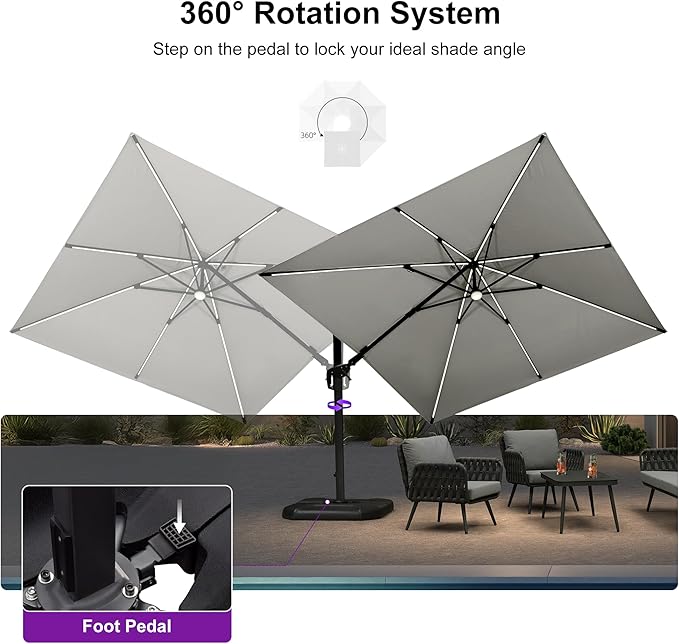 PURPLE LEAF 10 Feet Patio Umbrella with Base Outdoor Cantilever Solar Powered LED Swivel Square Umbrella Aluminum Offset Umbrella with 360-degree Rotation for Garden Deck Pool Patio White