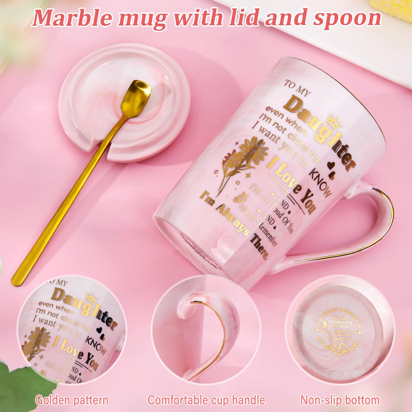 Daughter Birthday Gifts from Mom Dad - Unique 14oz Pink Marble Gold Print Coffee Mug, Lid, Spoon, Greeting Card, Presents for Wedding Blessing, Thanksgiving, Valentines, Graduation, Nice Gift Boxed