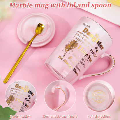 Daughter Birthday Gifts from Mom Dad - Unique 14oz Pink Marble Gold Print Coffee Mug, Lid, Spoon, Greeting Card, Presents for Wedding Blessing, Thanksgiving, Valentines, Graduation, Nice Gift Boxed