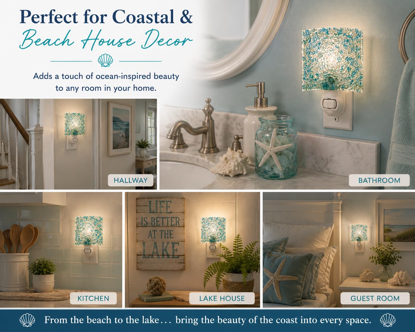 J Devlin Aqua Crushed Glass Night Light, Coastal Decor