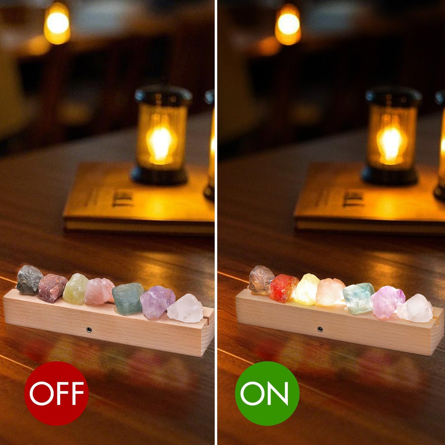 HYAMVOR Healing Crystal Night Light, 7 Chakra Natural Bedside Lamp with Wooden LED Light Base, Healing Stones Positive Energy Night Lights for Home Decor Gifts (Rechargeable)