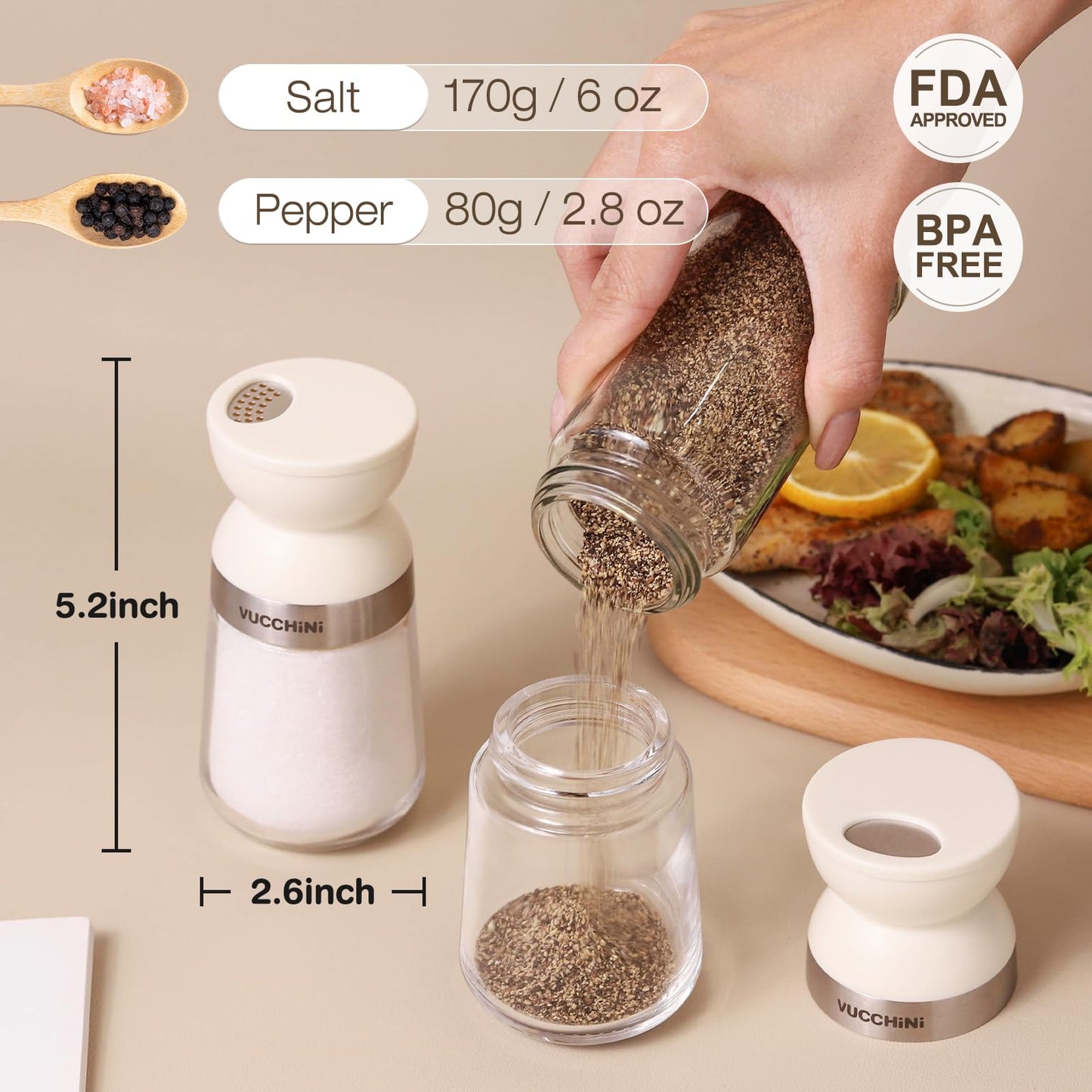 Vucchini Salt and Pepper Shaker Set 3 Adjustable Pour Holes, Dishwasher Safe, 5oz Large Capacity Spice Shaker for Kitchen & Camping (Cream)