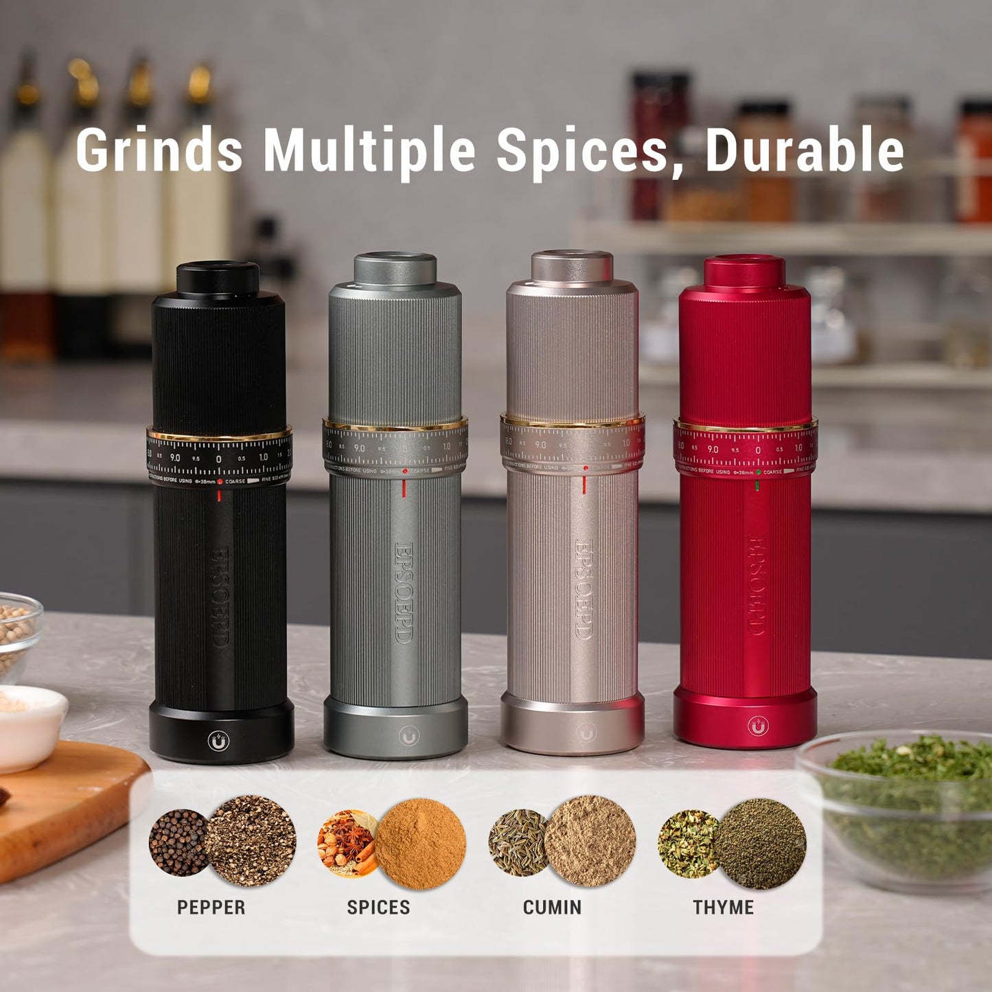 EPSOEPD Heavy Duty Metal Pepper Mill, Silver Gray | Refillable High Output Stainless Steel Pepper Grinder with Adjustable Coarseness Via External Dial & Magnetic Bottom Cover, Top Lock Button for Home