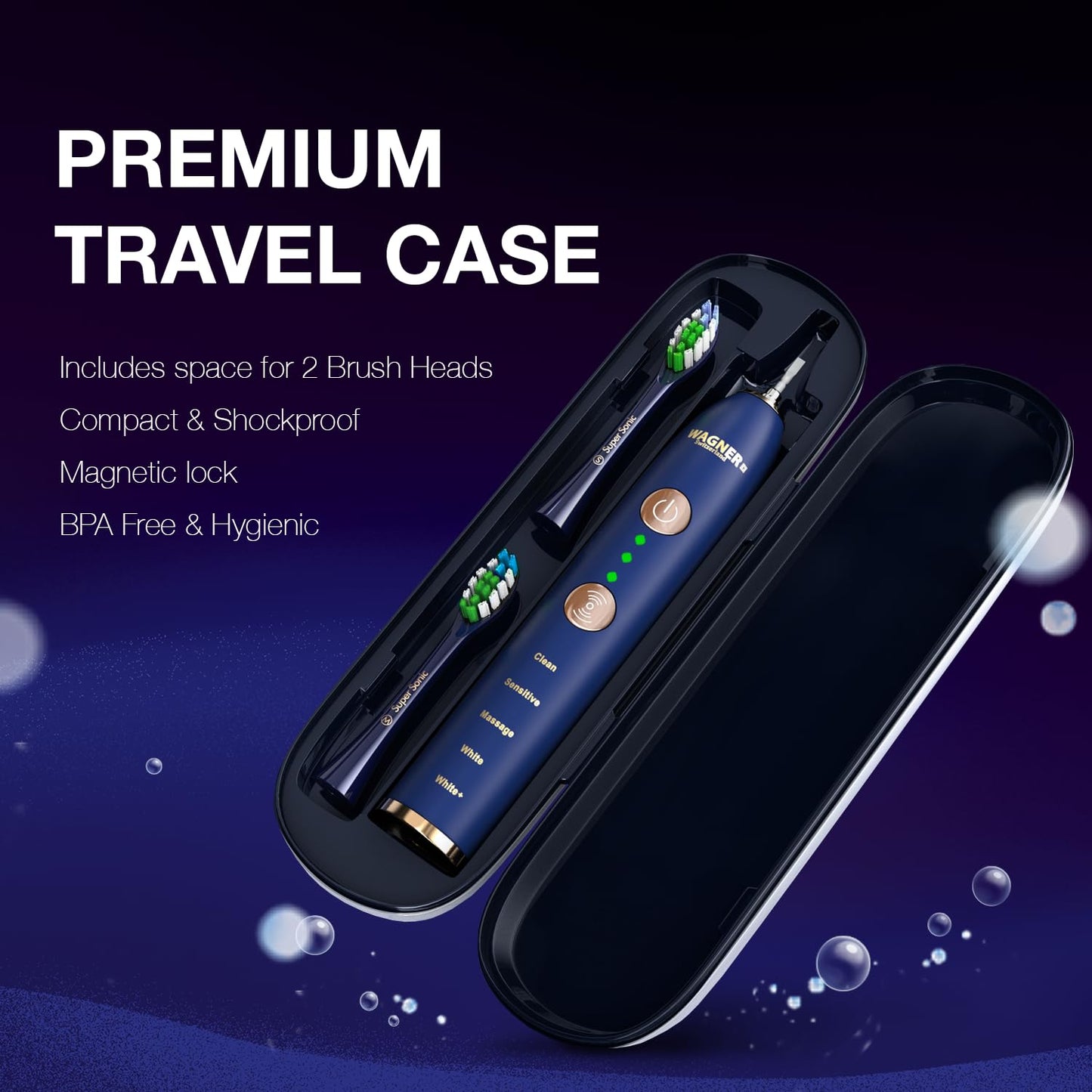 Wagner & Stern WHITEN+ Edition. Smart Electric Toothbrush with Pressure Sensor. 5 Brushing Modes and 3 Intensity Levels, 8 Soft nrush Heads, Premium Travel Case.