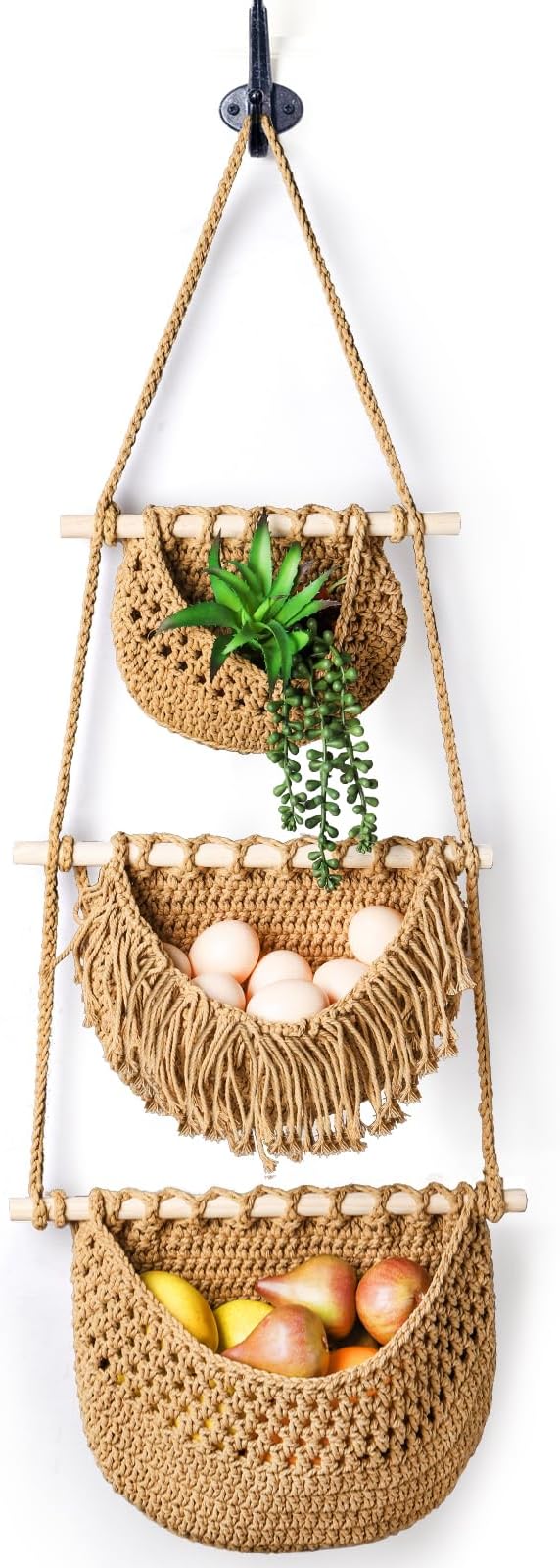 Lawei 3 Tier Hanging Fruit Basket, Wall Hanging Vegetable Fruit Baskets Cotton