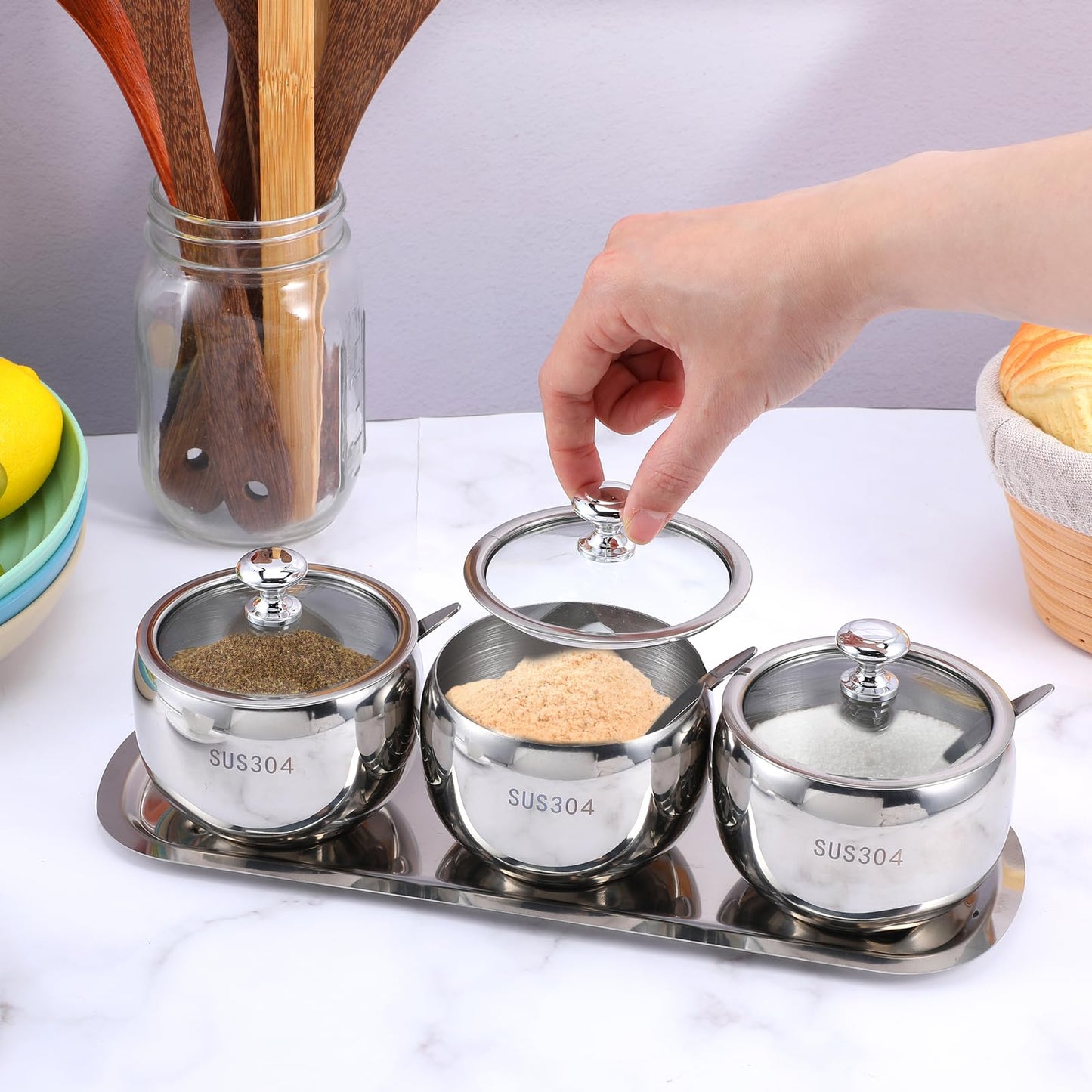JOUTYFOR 3 Grids 304 Stainless Steel Seasoning Containers Set with Lid Spoon and Tray, Condiment Jar Spice Container, Condiment Canisters Pots for Serving Sugar, Pepper, Salt, Spice