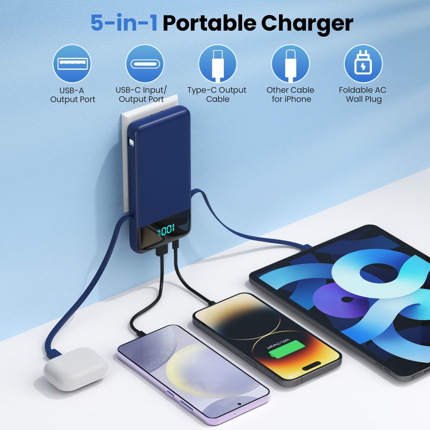 Portable Charger for iPhone with Built in Cables and Wall Plug,Upgraded 13800mAh Fast Charging USB C Power Bank,4 Outputs Travel Essential Battery Pack Compatible with iPhone 15/14/13,Samsung-Purple