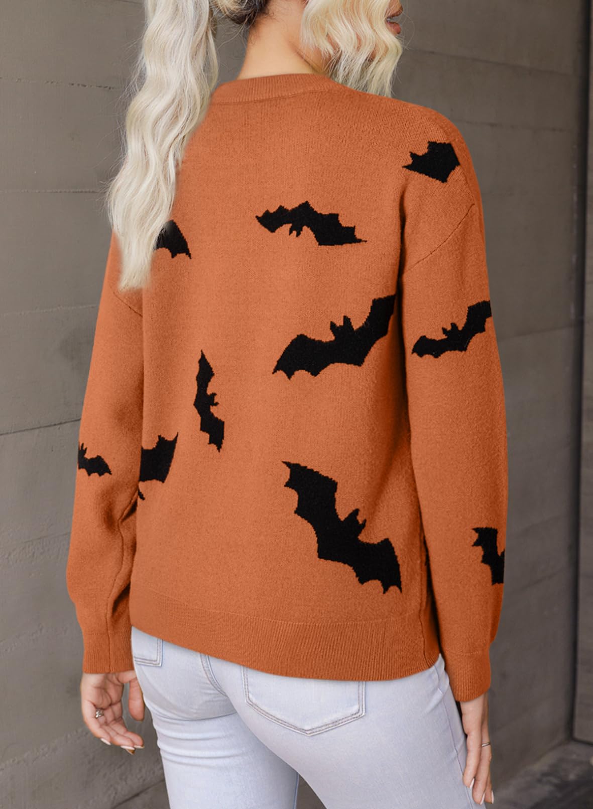 Dokotoo Womens Halloween Sweaters Crewneck Long Sleeve Bat Pattern Loose Fit Pullover Sweaters Cute Spooky Warm Cozy Autumn Winter Sweater Tops Casual Holiday Fall Clothes Orange M