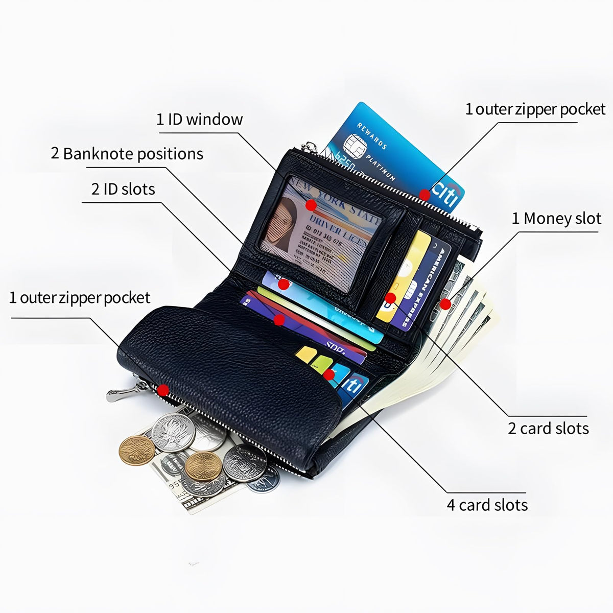 Unisex Pebble Leather Wallet, 5.3In Short Genuine Leather Coin Card Holder, Two zippered pockets, Unisex Clutch Bags, Can Hold Coins, Cards, Id Cards (Black)