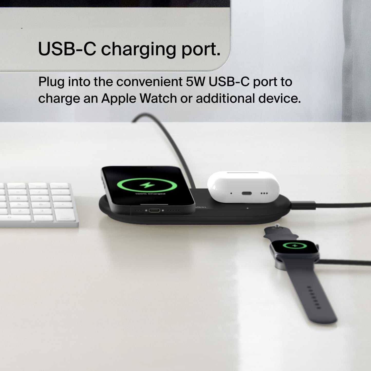 Belkin 2-in-1 Wireless Charging Pad w/ Qi2 15W + Additional USB-C Port - MagSafe-Compatible Charger, Charging Station for iPhone 16 & 15 Series, Samsung Galaxy S25 Series, AirPods, & More - Black