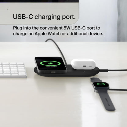 Belkin 2-in-1 Wireless Charging Pad w/ Qi2 15W + Additional USB-C Port - MagSafe-Compatible Charger, Charging Station for iPhone 16 & 15 Series, Samsung Galaxy S25 Series, AirPods, & More - Black