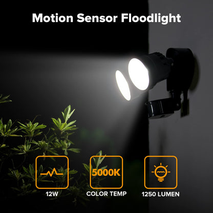 LUTEC Shrimp 12W PIR LED Security Light 1250LM 5000K Outside Lights With Sensor Outdoor Wall Lights Integrated Twin Heads Flood Light, Exterior for Patio, Garden, Yard Black