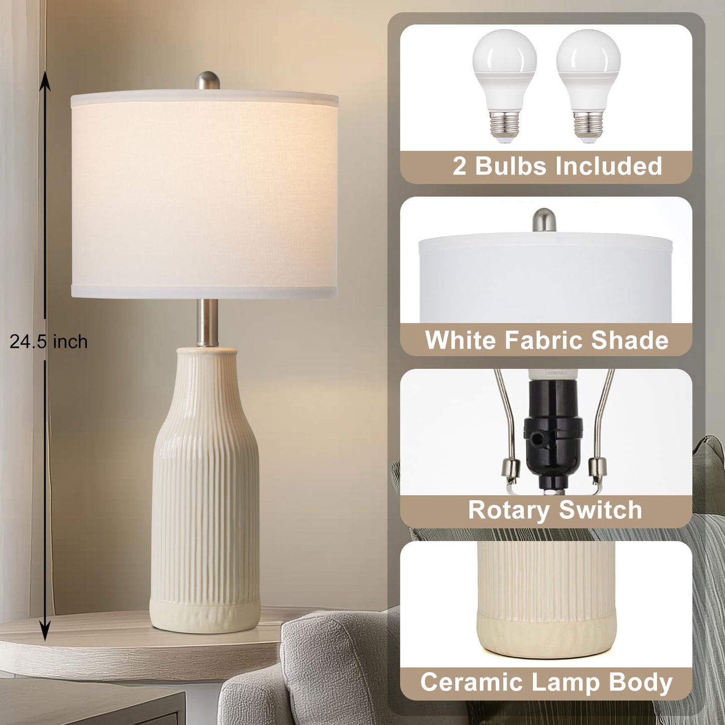 luxeflow 24.5" Ceramic Table Lamps Set of 2, Modern Farmhouse Bedside Lamps for Bedroom Nightstand, Small Table Lamp for Living Room End Table, Beige (2 LED Bulbs Included)