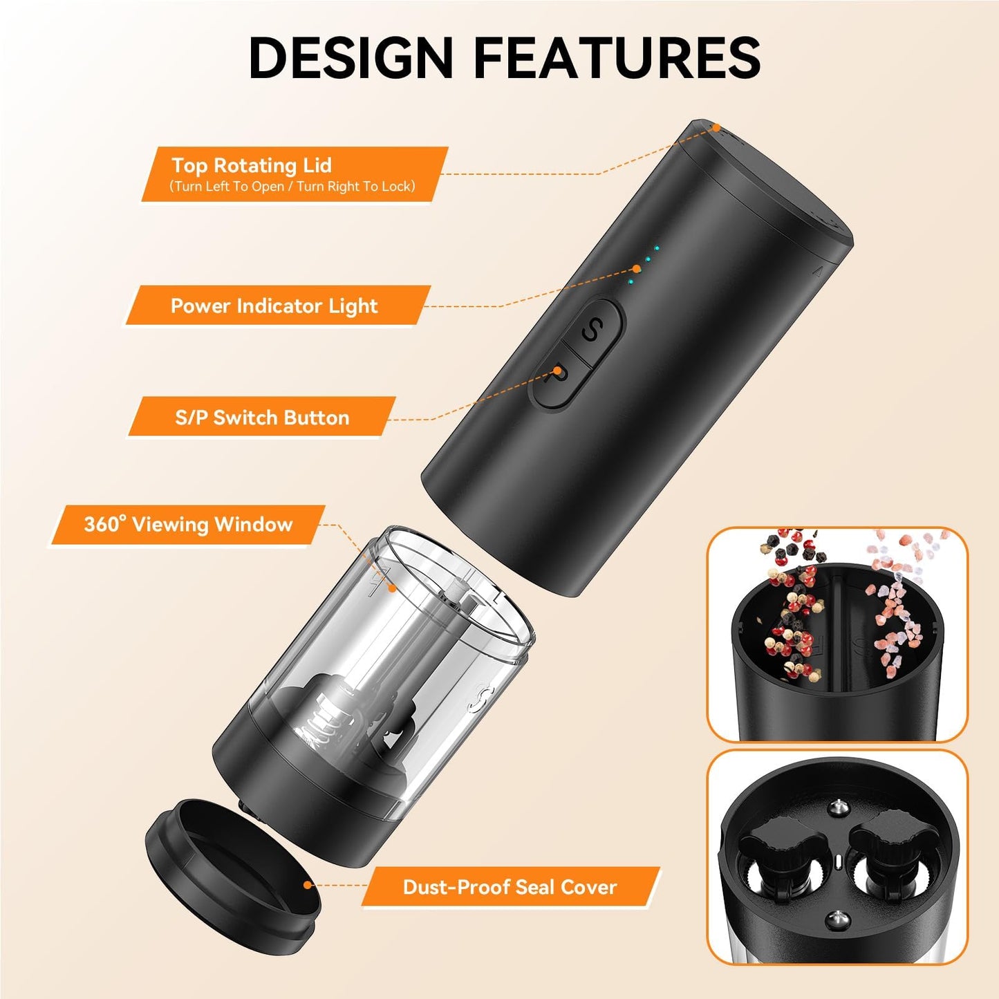 HeatBay 2 in 1 Electric Salt and Pepper Grinder Set, USB Rechargeable, Automatic Salt and Pepper Mill Shakers with Battery Display, LED Light, Adjustable Coarseness Ideal for Kitchen Gift(Black)