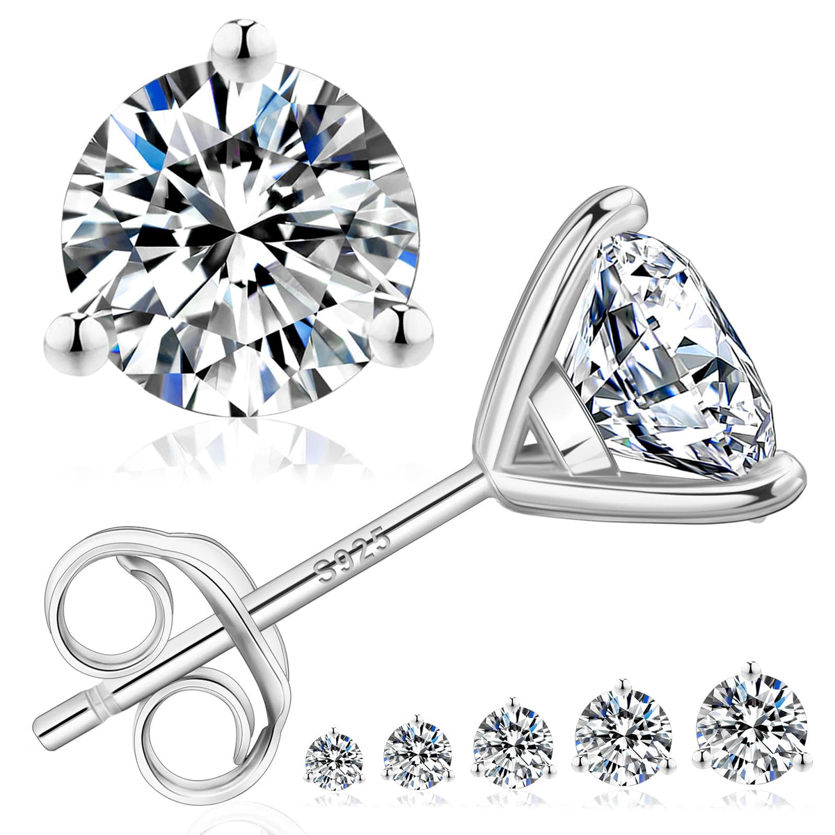 KRKC 0.6-3ct Moissanite Stud Earrings, D Color VVS1 Clarity, Lab Created Diamond Stud Earring for Women, 14K White Gold S925 Sterling Silver Earrings Friction Back for Women Men, Hypoallergenic