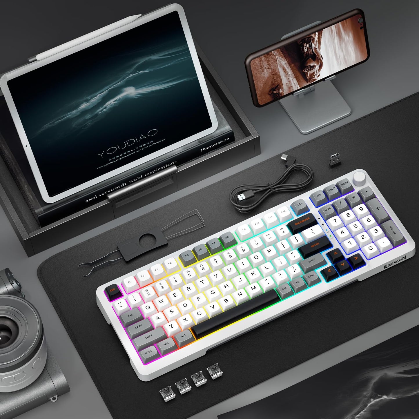 Redragon Wireless Mechanical Keyboard, 3 Mode Gasket Mounted RGB Gaming Keyboard with Volume Knob, Pre-Lubed Linear Switches, MDA-Profile, 98 Keys Hot Swappable Creamy Keyboard for PC/Tablet/Xbox/PS4