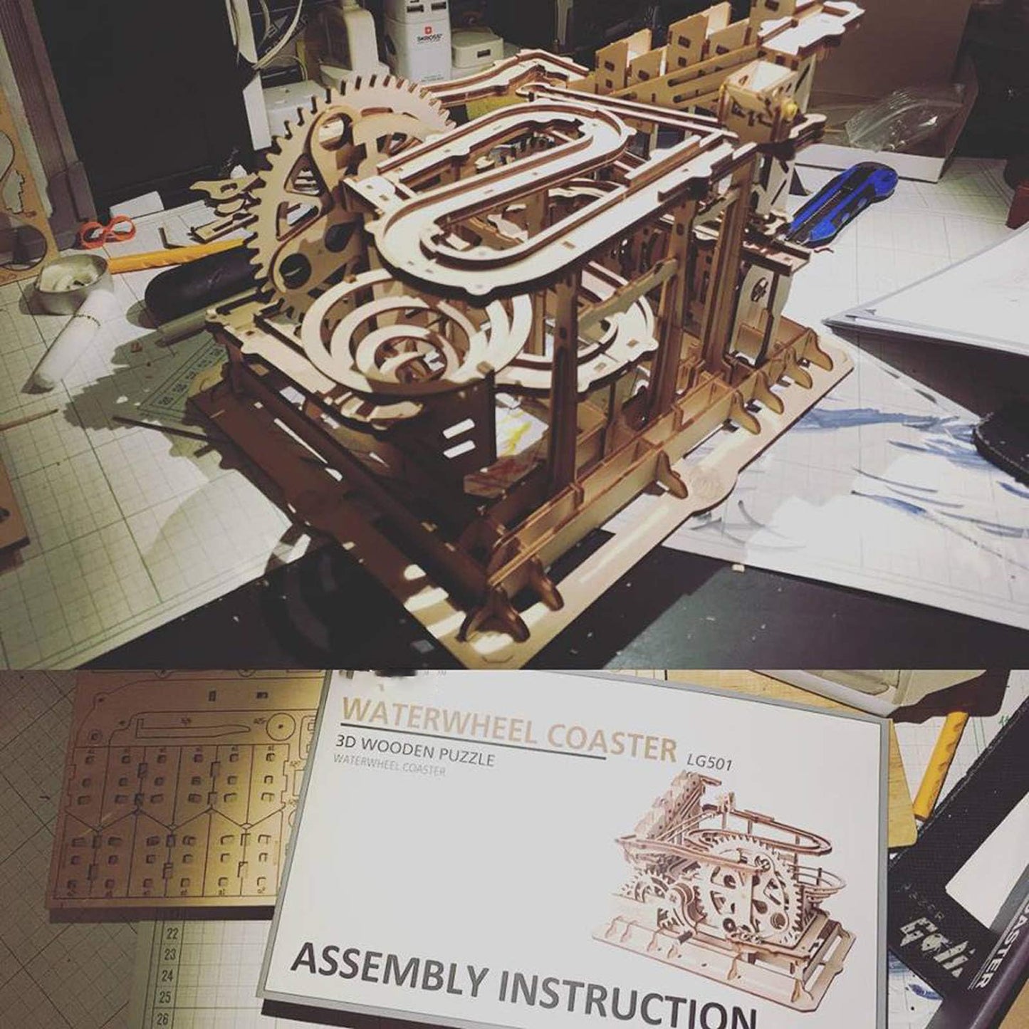 ROKR Hand Cranked Marble Run Wooden Model Kits Assembly 3D Wooden Puzzle Mechanical Model Kits with Balls for Teens and Adults(Waterwheel Coaster)