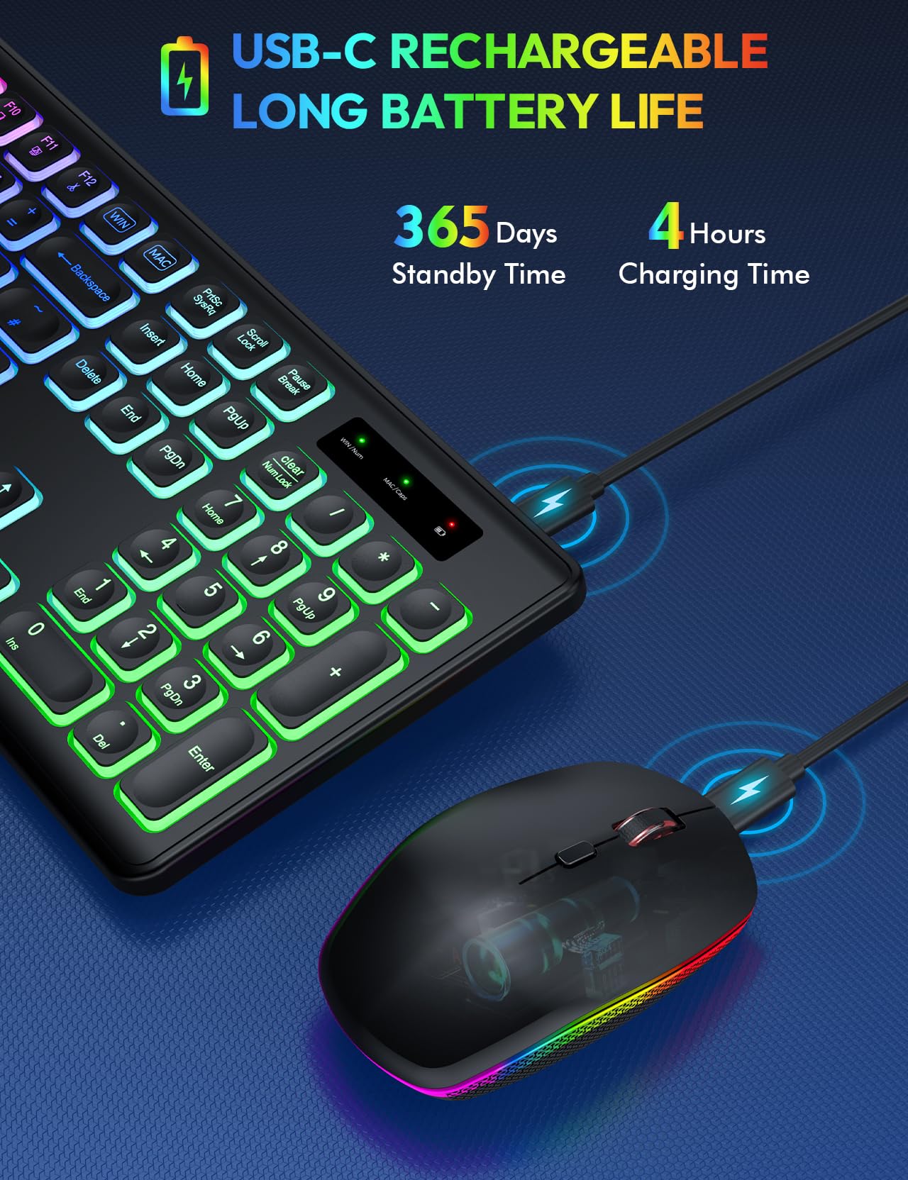 Wireless Keyboard and Mouse Backlight, USB-C Rechargeable & Light Up Keys, Full-size & Tilt Legs, Sleep Mode, 2.4GHz Silent Cordless Keyboard Mouse Combo for Mac OS/Windows/PC/Laptop- Black/QWERTY