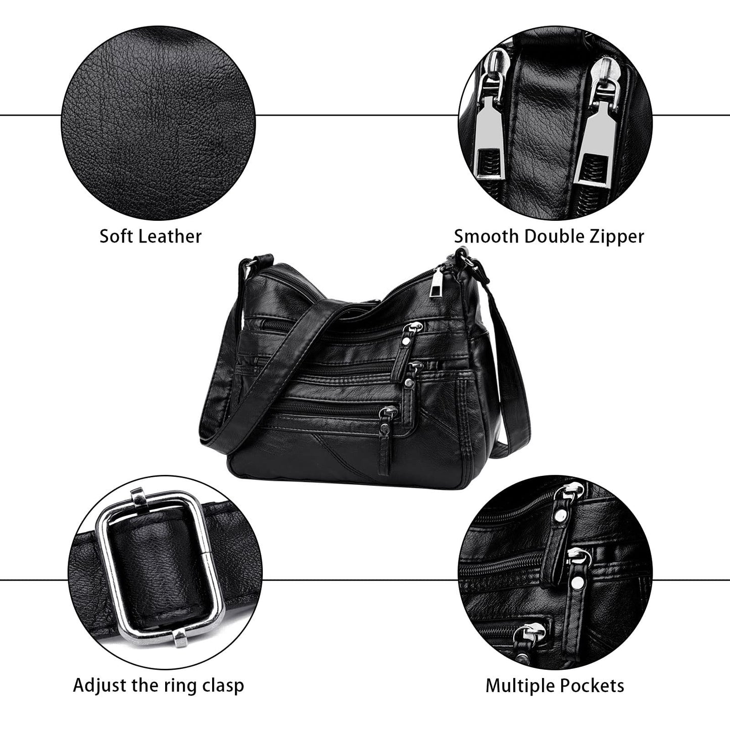 Ladies Shoulder Bags Soft PU Leather Crossbody bag for Women Multi Pockets Lightweight Waterproof Crossbody Handbags for Travel Daily Use Black