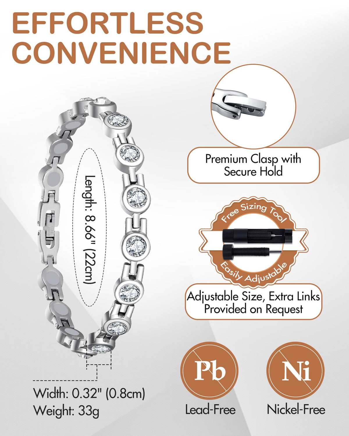Feraco Magnetic Bracelet for Women Titanium Steel Magnetic Bracelets with Gorgeous Sparkling Cubic Zirconia Costume Jewelry Christmas Gifts (Silver)