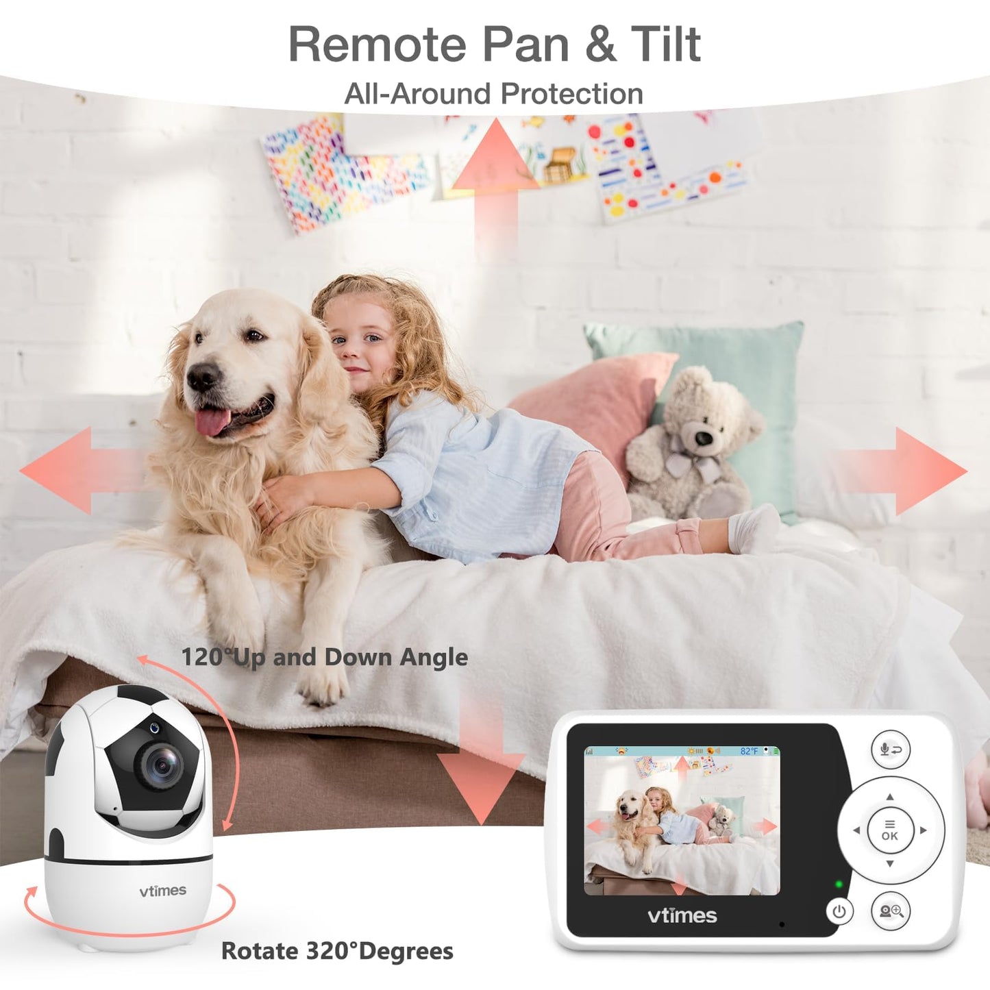 VTimes Baby Monitor with Camera and Audio, 2.4'' LCD Screen, Video Baby Monitor No WiFi Night Vision VOX Mode Pan-Tilt-Zoom Temperature Display Two-Way Audio Lullabies Feeding Alarm and 1000ft Range
