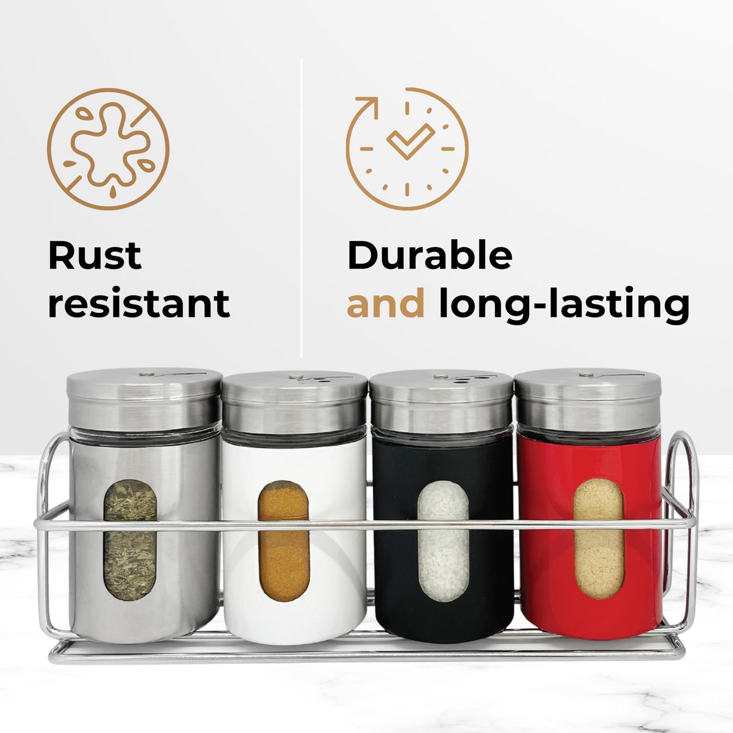 JS Gourmet 4 Pcs Stainless Steel Spice Seasoning Container Jars with Storage Rack, Perfect for Storing Spices, Salt, Pepper, Sugar and Dry Ingredients