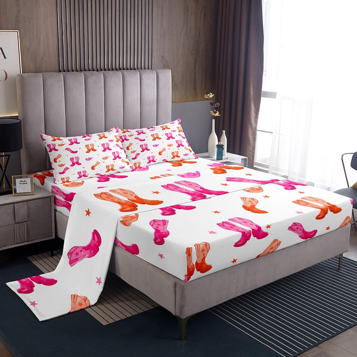 Feelyou Pink Howday Sheet Set Boys Girls Riding Boots Sheets with Deep Pocket Fitted Sheet Queen Size Western Decor Bed Sheets Set Farmhouse Cowboy Hat Bedding Set Wild Western Cowboy Bed Set 4Pcs