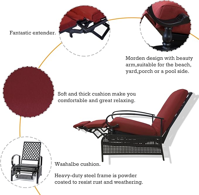 Kozyard Adjustable Outdoor Reclining Lounge Chair, Cushioned Patio Chaise Lounge with Extendable Metal Frame for Sunbathing, Reading & Relaxing – Comfortable Outdoor Recliner(Burgundy)