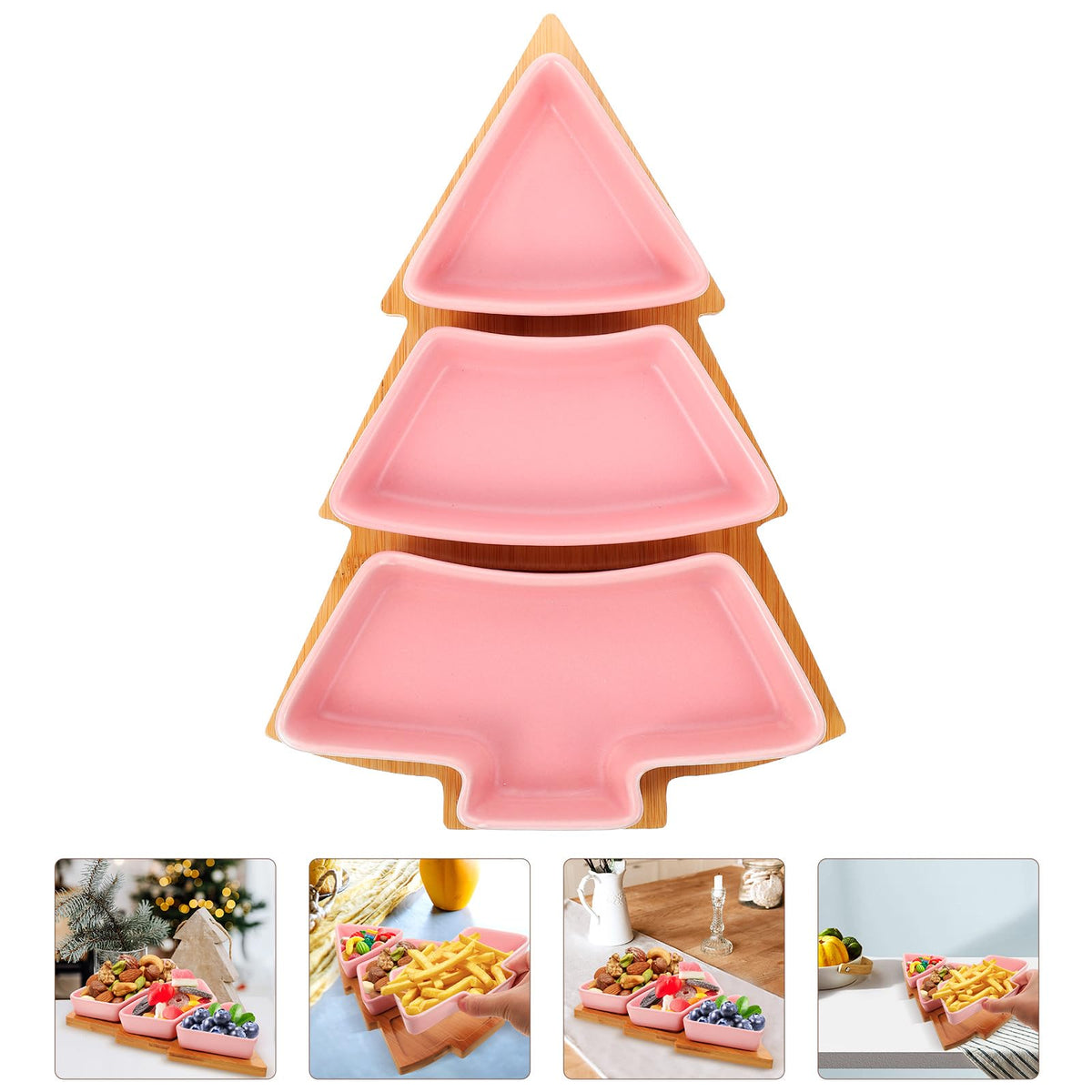 DOITOOL Christmas Tree Ceramic Dish with Wooden Tree Tray, 10.39 in Christmas Tree Shape Serving Tray Platter Set, Festive Tableware for Candy Snacks Fruit Cookie, Holiday Party Supplies (Pink)
