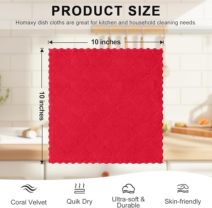 Homaxy 12 Pack Kitchen Dish Cloths, Super Soft and Absorbent Coral Velvet Dish
