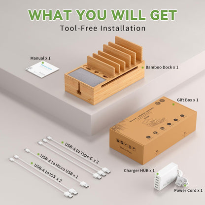 Pezin & Hulin Cell Phone Charging Station for Multi Devices, All in One Desktop Charger Organizer, with Power USB Charge Adapter and 6 Cables, Use As Power Strip Hidden Box -Natural Bamboo Color