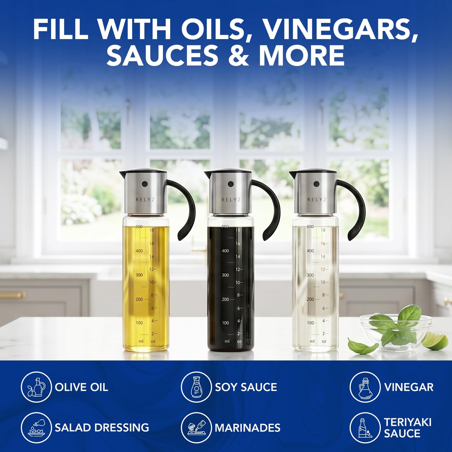 Large Glass Olive Oil Dispenser for Kitchen Cooking, Big 17oz Salad Dressing Container, Soy Sauce Bottle - Leakproof No Drip Stainless Steel Metal Pour Spout, Clear Measuring Markings, Dishwasher Safe