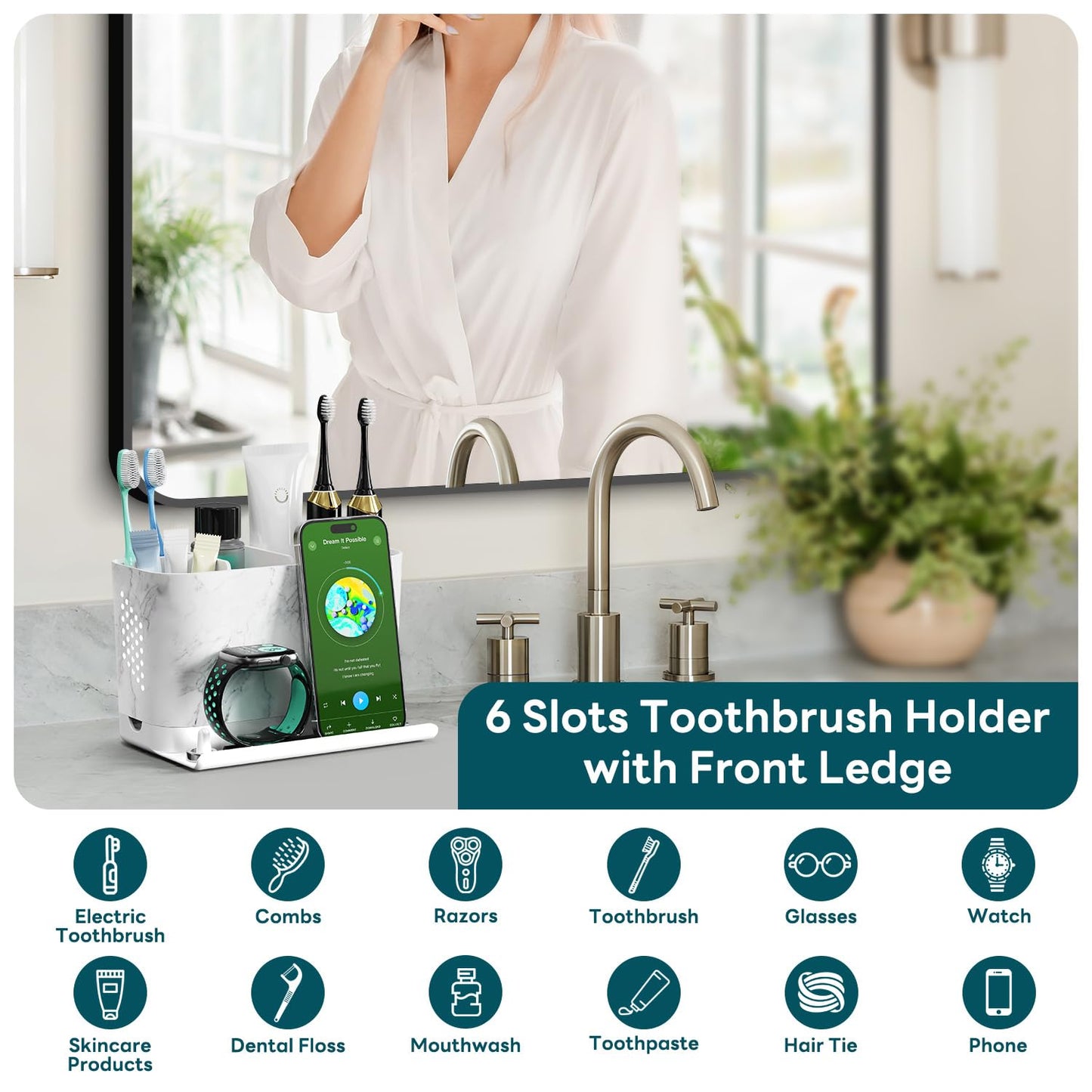 Toothbrush Holders, Toothbrush Caddy with Front Ledge and Cord Slots, Detachable Tooth Brush Holder for Bathroom Countertop, Shower, Vanity, Large Capacity 6 Slots Marble Bathroom Accessories