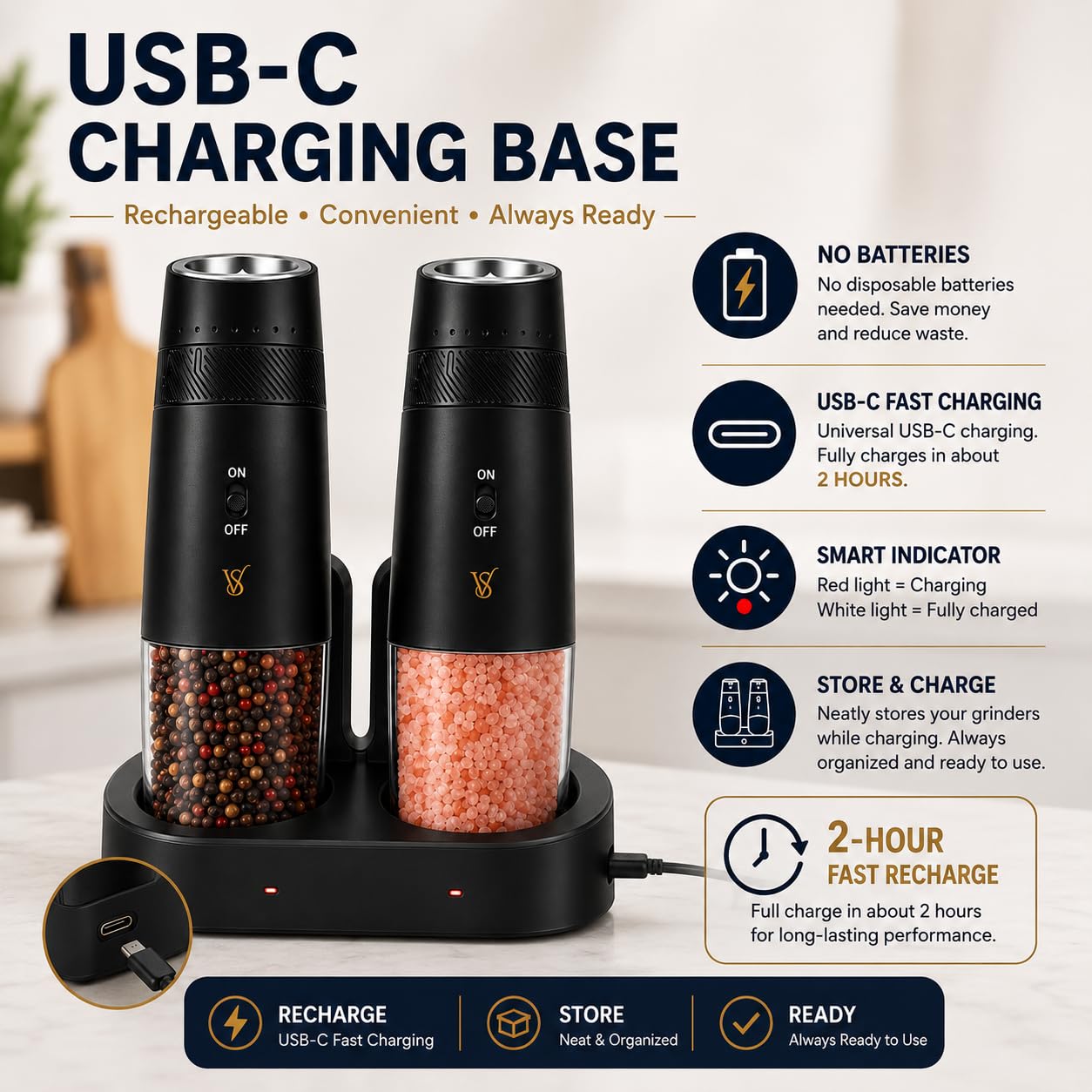 Electric Salt and Pepper Grinder Set 2 Pack, Rechargeable Automatic Gravity Grinder with USB Charging Base, One-Hand Operation, Adjustable Coarseness, LED Light, Black