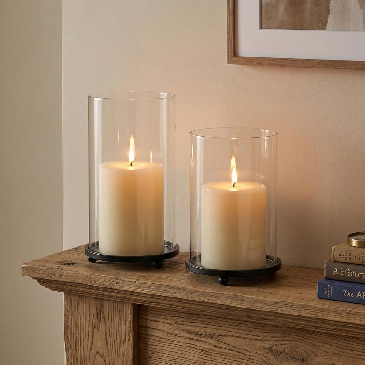 Hurricane Candle Holders Set of 2 - Pillar Candle Stands with Glass Sleeves for Fireplace Mantel & Dining Table Centerpiece Decor (Black)