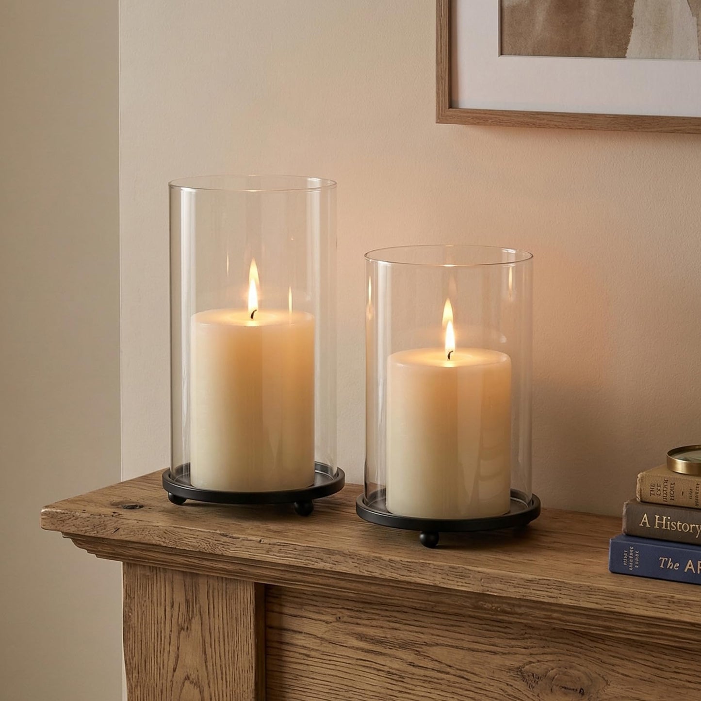 Hurricane Candle Holders Set of 2 - Pillar Candle Stands with Glass Sleeves for Fireplace Mantel & Dining Table Centerpiece Decor (Black)