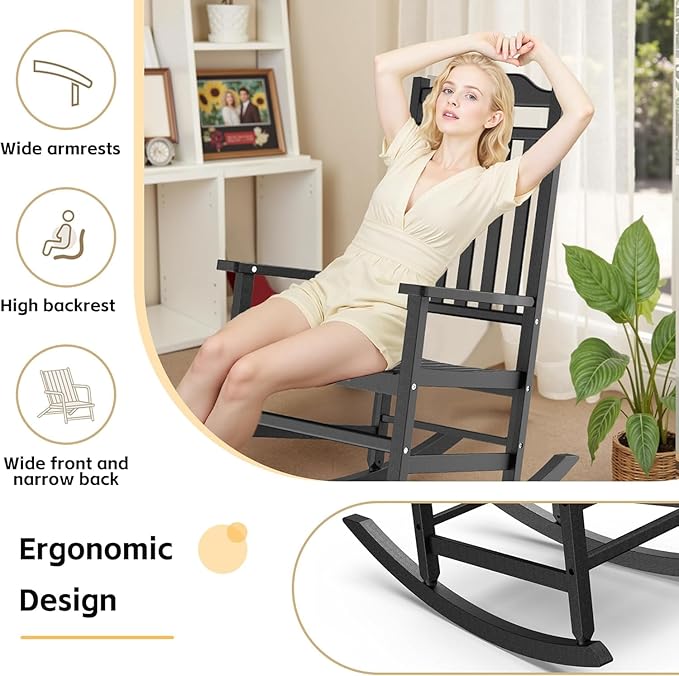 Patio Rocking Chair Outdoor Set of 2,Weather Resistant Poly Resin Oversized Porch Rocker,High Back Smooth Design,350lb Weight Capacity,Indoor Outdoor Use(2, Black)