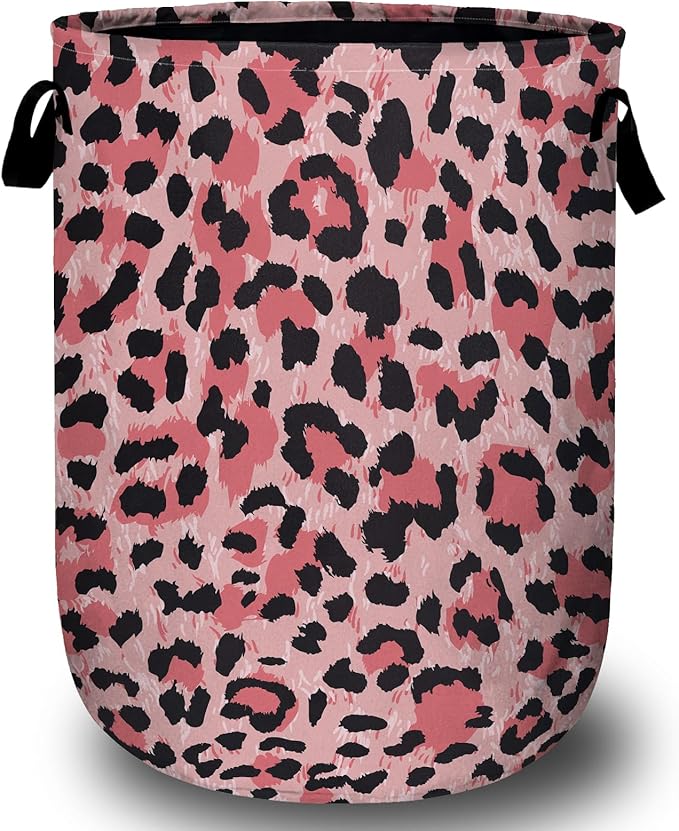 Pink Leopard Laundry Basket, Laundry Hamper Collapsible Oxford Cloth