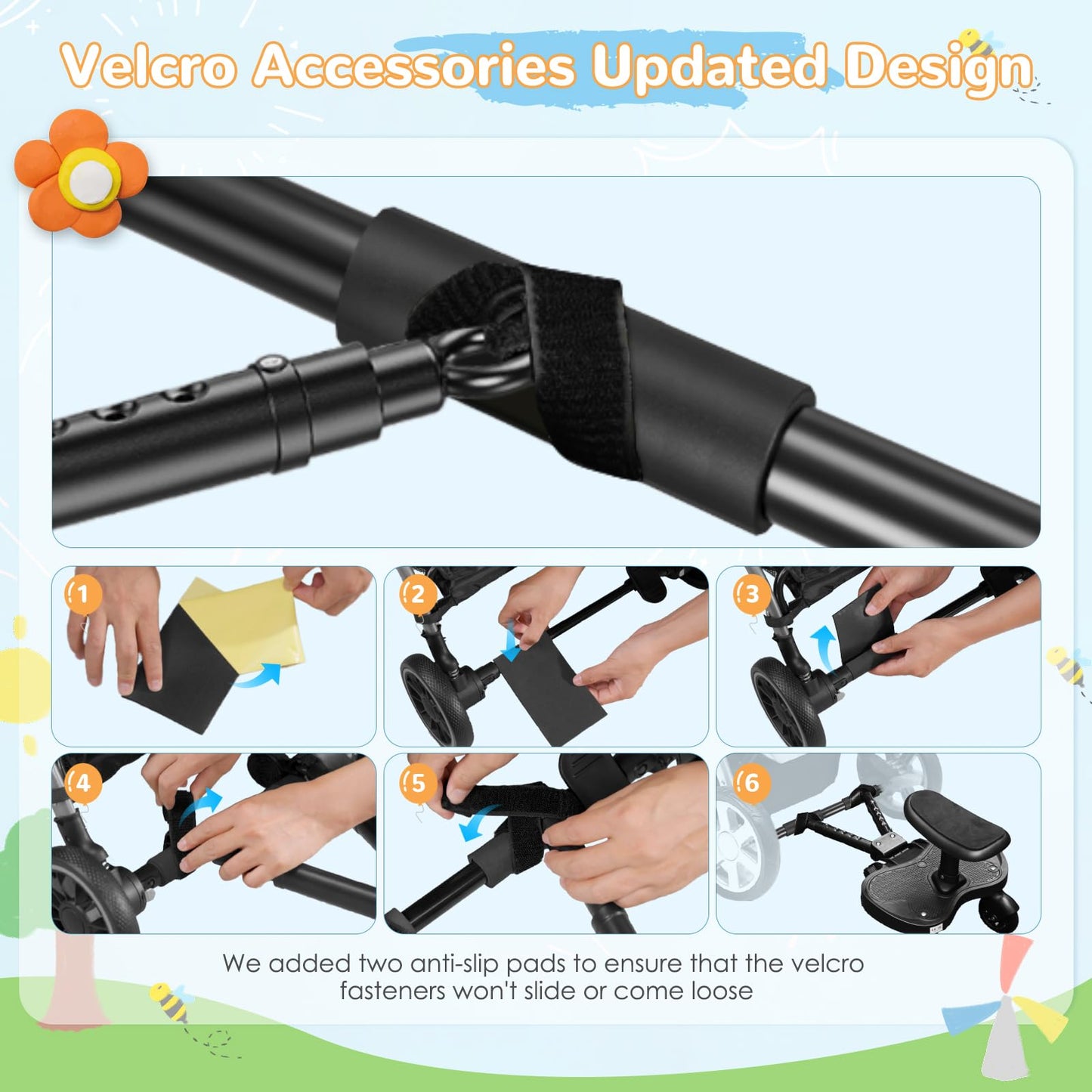 BugyKido Buggy Board, Universal Buggy Board with Seat for Children, Baby Kiddy Board, Stroller Accessory from 2-6 Years (25 kg), for Over 99% of Baby Carriages, Black Wheels