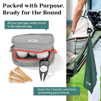 Golf Gift Set for Men - 6 Balls, Tees, Divot Tool, Towel & Organizer Bag - Lucky Chinese Knot Charm - Ideal Gift for Dad, Husband, Father's Day & Christmas