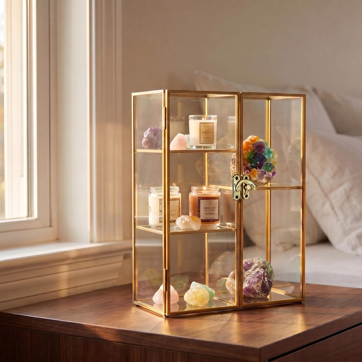 JUXYES 5 Grids Tabletop Brass Glass Rock Display Case with Latch Door - Modern Clear Rocks Collection Display Case Box - Gold Dust Proof Case Small Shelf for Collectible, Mineral Crystal, Rock, Stones