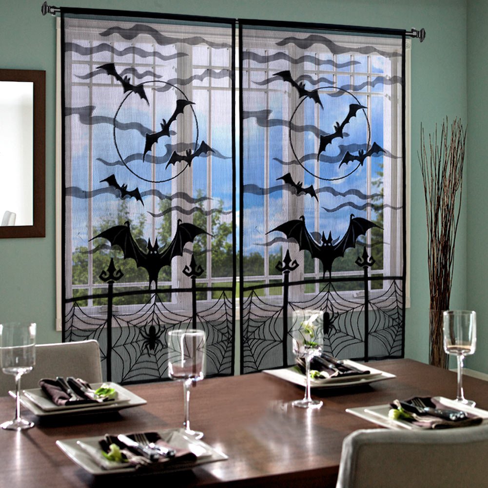 AerWo Halloween Curtains, 2PCS Spider Web Bats Curtains, Black Lace Door Curtain Panel Decor for Halloween Window Decorations, 40 x 84 Inch