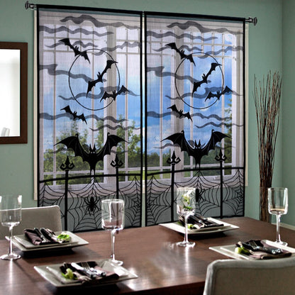 AerWo Halloween Curtains, 2PCS Spider Web Bats Curtains, Black Lace Door Curtain Panel Decor for Halloween Window Decorations, 40 x 84 Inch
