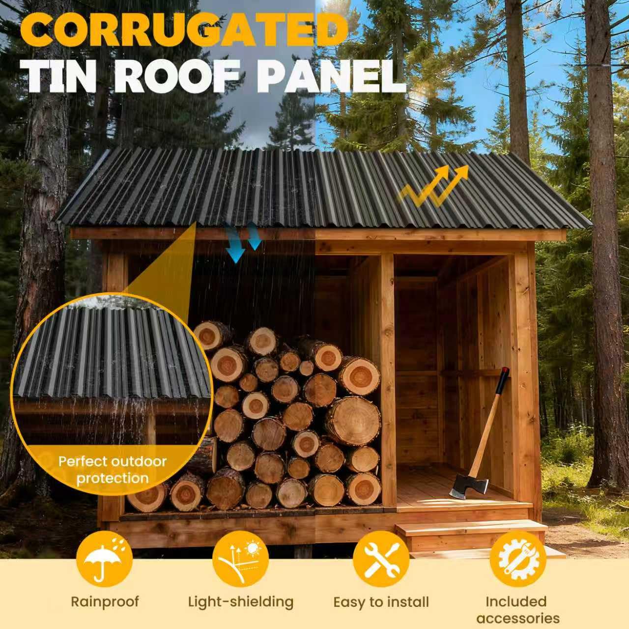BOBIBAN 20 pcs Metal Roofing Panels - Corrugated Galvanized Roof Panels L41.34x W17.72 Inch, Waterproof Tin Roof Sheets for Garages,Sheds, Stables and Mobile Homes, Includes Screws(Black,L41.34''-20)