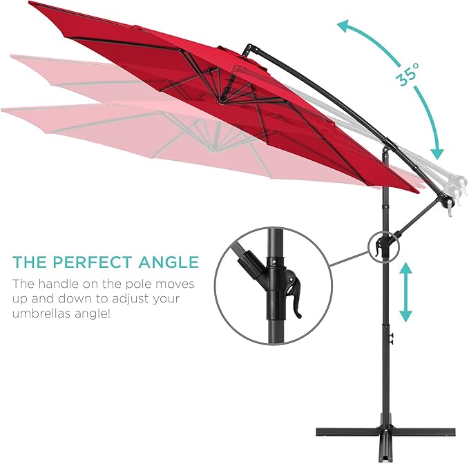 Best Choice Products 10ft Offset Hanging Market Patio Umbrella w/Easy Tilt Adjustment, Polyester Shade, 8 Ribs for Backyard, Poolside, Lawn and Garden - Red